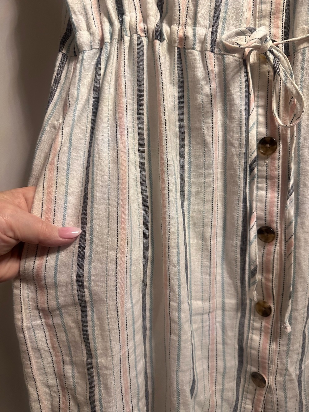 Time and Tru Large 12-14 Striped Linen Blend Midi Dress Button Down Drawstring - Picture 4 of 9